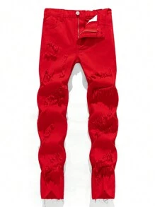 SHEIN 青少年男孩时尚休闲镂空破洞磨边红色牛仔宽松牛仔裤，酷炫日常穿搭及秋冬季单品 - 紅色 - 查看 2