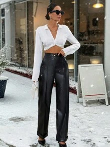 EURMUSE Women Solid Color Front Button Design Simple Long Pants, Casual Daily Wear