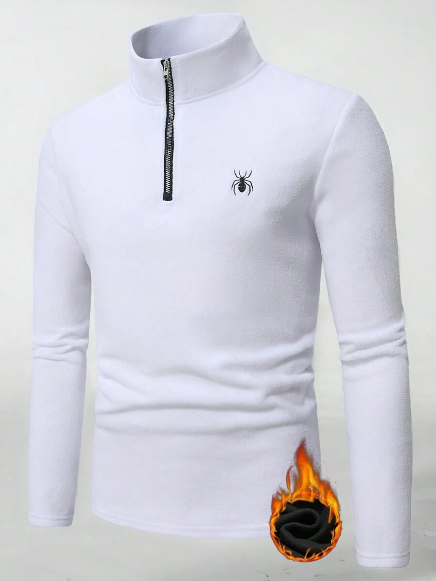 Manfinity Homme Men's Casual Daily Spider Embroidered Stand Collar Long Sleeve T-Shirt, Autumn/Winter - White - View 1
