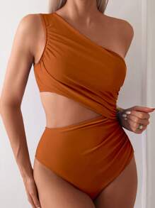 Vaytide Bộ đồ bơi một mảnh hở lưng không đối xứng màu trơn đi biển mùa hè dành cho nữ - Đồng - Xem 5