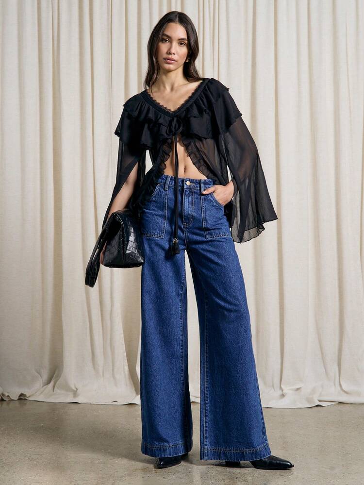 Sheer Frill Tie Front Cape Detail Blouse