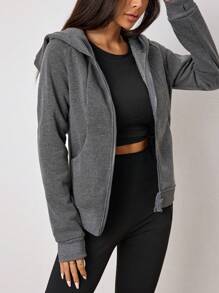 SHEIN Unity 女士纯色长袖拉链领休闲连帽夹克，秋季 - 灰色 - 查看 3