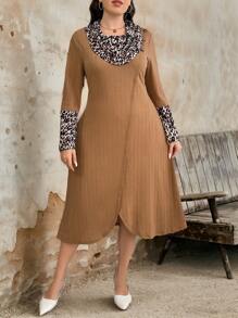Plus Size Women's Knitted Jacquard Leopard Print Color-Blocking Warm Sweater Dress - Khaki - View 5