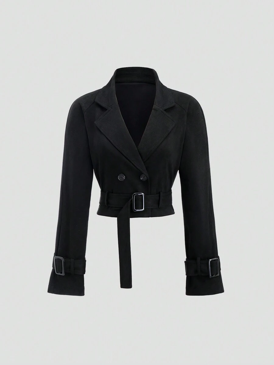 Sweetra Women's Trench Coat, Fall/Winter, European And American Ins Style, With Belt, Long Sleeve, Casual, Elegant, Slim Fit, Versatile, Black, New Design, Short, Windproof, Warm, Classic Faux Suede Material - Black - View 1