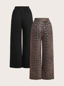 SHEIN EZwear Women's New Solid And Leopard Print Track Pants, 2 Packs - Black - View 2