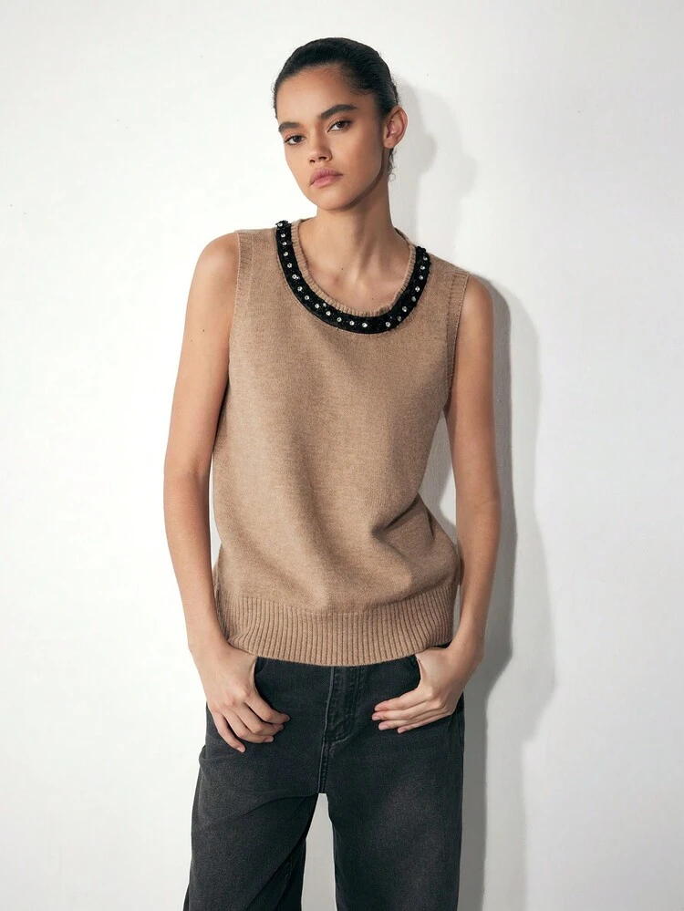 SHEIN Maija Women's Round Neck Sleeveless Casual Sequin Patchwork Knit Sweater, Autumn/Winter