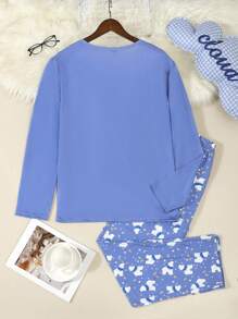 2pcs Men Polar Bear Print Casual Lounge Set, Including Long Sleeve Top And Pants, Comfortable And Fashionable - Blue - View 2