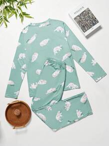 Conjunto de pijama de manga larga con estampado de animales de dibujos animados para adolescentes chicas - verde menta - Ver 2