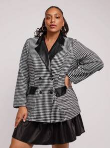 SHEIN Clasi Plus Size Front Button Solid Color Patchwork Pocket Casual Blazer With Long Sleeve - Black and White - View 3