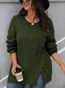 EMERY ROSE Plus Size Cross-Wrap Split Hem Solid Color Casual Sweater, Autumn/Winter Knit Pullover Fall Outfit