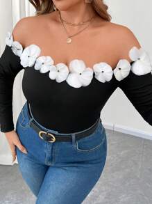 Celure Plus Size Vrouwen Elegant Colorblock Off-Shoulder Ruffle Trim Slim Rib Knit T-shirt