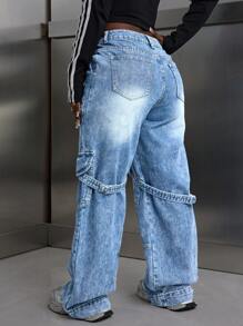 SHEIN Slayr Jeans droits décontractés à coupe ample avec boutons et plusieurs poches de couleur unie pour femmes