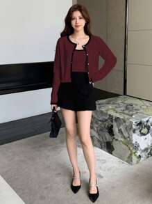DAZY 2pcs Women Contrast Color Cami Top Cardigan Set,Fall Clothes Women Sweater - Burgundy - View 3