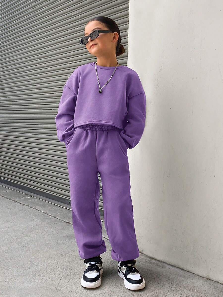SHEIN Tween Girls 2pcs/Set Loose Solid Color Vintage Cropped Crew Neck Sweatshirt And Sweatpants Casual Outfit - Violet Purple - View 1