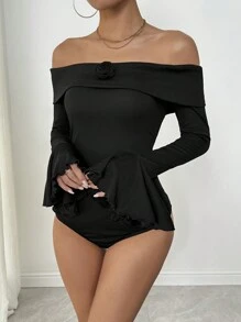 SHEIN Unity Sexy Form-Fitting Knit Off-Shoulder Flare Sleeve 3D Flower Decor Bodysuit, For Women, Autumn/Winter Fall Cloth For Women - Black - View 6