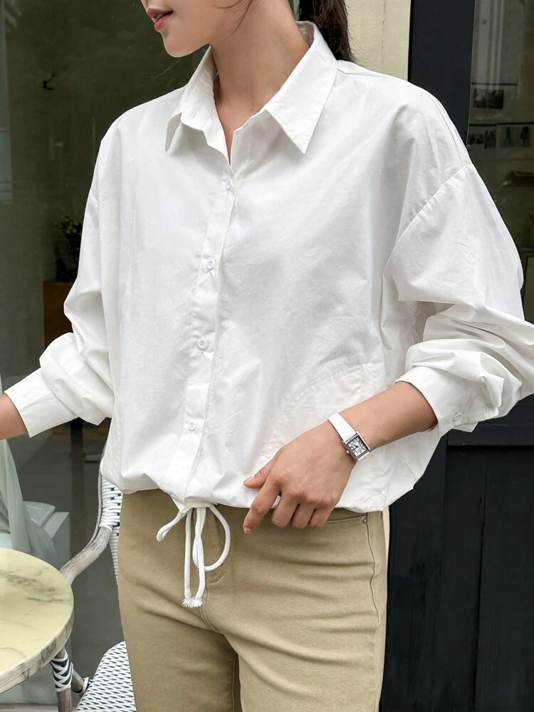 Women's Turn-Down Collar Loose Hem Drawstring Jacket Long Sleeve Top