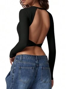 女士圆领露背长袖基本款短款上衣弹力露背外出 T 恤