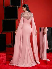 Glamrae 优雅奢华手工串珠面料拼接弹力针织长袖连衣裙，配有水晶胸罩和带拖尾的鱼尾下摆，适合婚礼、派对、毕业典礼、度假、非正式晚礼服、婚礼宾客礼服 - 粉色 - 查看 4