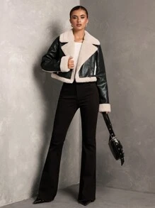 SHEIN BAE Áo khoác dài tay chắp vá mềm mại cho nữ, trang phục thường ngày mùa đông, quần áo mùa đông cho nữ, áo khoác mùa đông cho nữ, trang phục mùa thu cho nữ, áo khoác da cho nữ, áo khoác lông cừu lót da màu nâu, áo khoác lông liền thân, dày, ấm, thân thiện với da và mềm mại, phù hợp cho mùa thu và đông - màu đen - Xem 5