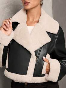 SHEIN BAE Áo khoác dài tay chắp vá mềm mại cho nữ, trang phục thường ngày mùa đông, quần áo mùa đông cho nữ, áo khoác mùa đông cho nữ, trang phục mùa thu cho nữ, áo khoác da cho nữ, áo khoác lông cừu lót da màu nâu, áo khoác lông liền thân, dày, ấm, thân thiện với da và mềm mại, phù hợp cho mùa thu và đông - màu đen - Xem 8