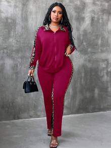 Maweii Áo thun tay dài họa tiết da báo cỡ lớn có khóa kéo và quần ống rộng xẻ tà 2 món Bộ thường ngày - Màu Đỏ Sâu - Xem 3