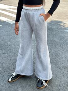 SHEIN Tween Girls Knit Patchwork Flared Leg Casual Athletic Pants - Grey - View 6