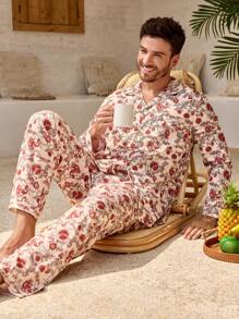 Manfinity ChillVibe 2pcs Men Floral Print Single-Breasted Long Sleeve Top And Pants Loungewear Set - Red and White - View 5