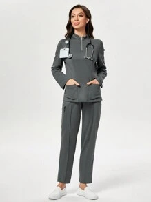 TaskEZ Women's Long Sleeve Collared Multi-Pocket Nursing Uniform Scrub Top - Grey - View 4