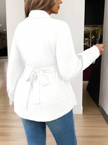 Calvaya Plus Size Women Solid Color Waist Twist Elegant Blouse, Autumn Women Shirt Fall Cloth For Women - White - View 2