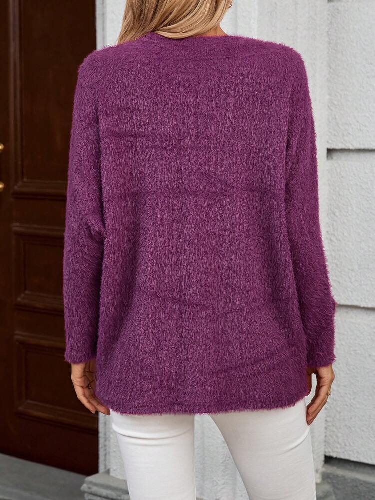 Damen Rundhals einfarbiges flauschiges Lässig Langarm T-Shirt