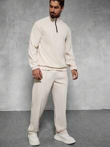 Manfinity Homme 2pcs Men Casual Everyday Zip-Up Loose Sweatshirt And Pants Set, For Autumn,Men Tracksuit,Men Two Pieces Outfits, Men Two Pieces Sweatsuit, Men 2 Pieces Outfit Set, Cream Two Pieces Set Men, Men Casual Two Pieces Set - Beige - View 4