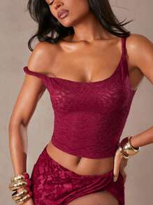 Hauture Solid Color Asymmetric Collar Lace Sexy Sleeveless Top - Burgundy - View 1