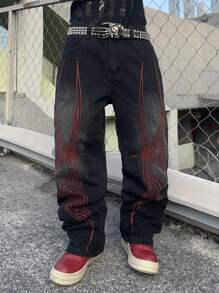 Manfinity EMRG 男士休闲街头潮流低腰刺绣图案宽松阔腿牛仔裤（不含腰带）图案深色牛仔裤长款宽松纯黑色洗水工装牛仔裤，适合丈夫、男朋友的礼物 - 黑色 - 查看 6