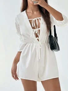 Flirla 女式编织镂空系带长袖连体裤 - 白色 - 查看 3