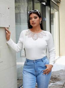 SHEIN Unity 大码女式刺绣水钻装饰长袖毛衣，秋冬针织套头衫 - 米色 - 查看 2