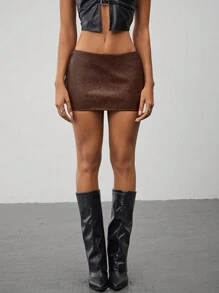 Aloruh Women's Fashionable Vintage Pattern PU Sexy Low Waist Super Short Mini Skirt, Autumn/Winter New Arrival