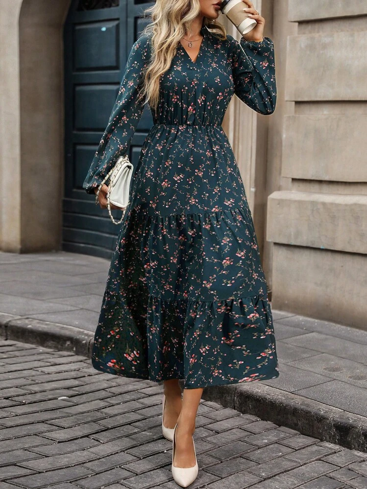 SHEIN Clasi V-Neck Floral Print Casual Versatile Long Sleeve Dress