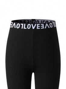 SHEIN Tween Girls Fashion English Text 3pcs Set, Includes Long Leggings, Basic Style, Elastic - Black - View 6