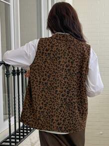 DAZY Áo thun nữ không tay cài nút phía trước họa tiết da báo tối giản thường ngày, trang phục mùa thu, trang phục công sở trở lại trường - Cà phê nâu - Xem 5