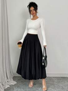 Elenzga 女士纯色褶皱高腰裙，秋季优雅 - 黑色 - 查看 5