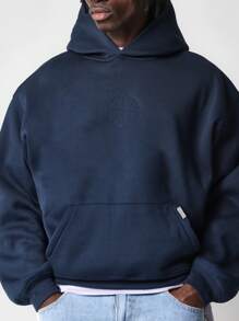 SUMWON Winter Comfort Pullover Hoodie Minimalist Logo Embossed Design Kangaroo Pocket Classic Athletic Casual Sweatshirt Perfect Layering Active Wear - Navy Blue - View 3