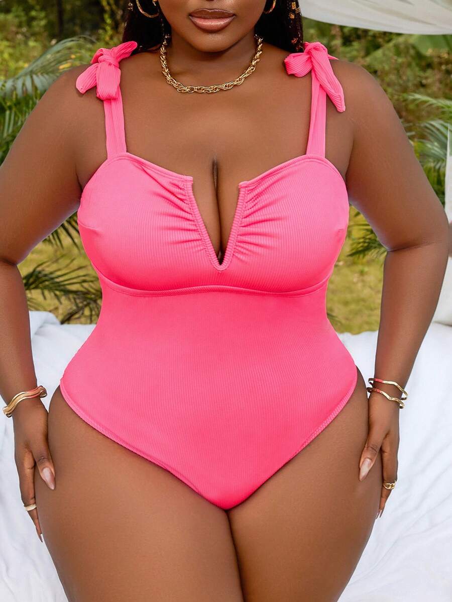SHEIN Swim Curve Plus Size Solid Color Strap Tie Minimalist Fitted Leisure One Piece Swimsuit Summer - Hot Pink - View 1