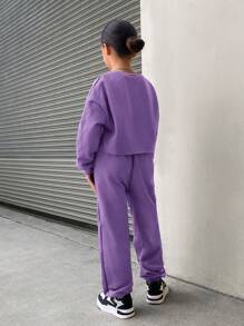 SHEIN Tween Girls 2pcs/Set Loose Solid Color Vintage Cropped Crew Neck Sweatshirt And Sweatpants Casual Outfit - Violet Purple - View 2
