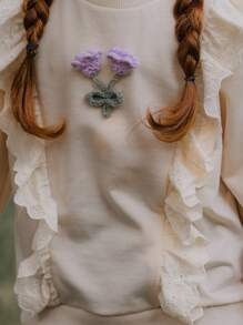 SHEIN 年轻女孩春秋季花卉贴花荷叶边圆领长袖可爱运动衫 - 墨綠色 - 查看 4