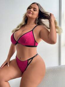 Set de sujetador y pantie de tallas grandes con tirantes de espagueti y borde de contraste sin aros - Rojo violeta - Ver 6