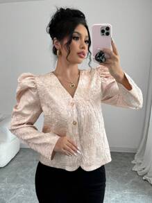 Elenzga Women Front Button Long Sleeve Casual Jacket, Minimalist Daily Wear Fall Cloth For Women - Champagne - View 1