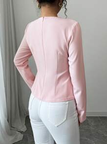 Selianne 女士纯色圆领优雅休闲通勤圣诞约会可爱蝴蝶结装饰衬衫春秋长袖上衣 - 淺粉色 - 查看 3