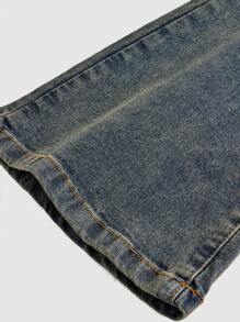 Teen Girl Fashion Versatile Washed Oblique Pocket Flared Jeans - Dark Wash - View 4