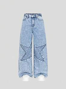 SHEIN Dziewczęce luźne jeansy z rozszerzanymi nogawkami i wzorem gwiazdek, jasne spranie