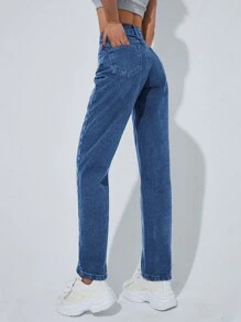 SHEIN PETITE Dames Hoge Taille Zakken Rechte Pijp Losse Casual Veelzijdige Denim Jeans